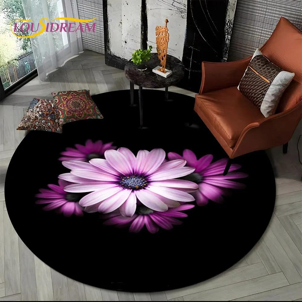 3D Daisy Nordic Flower Sunflower Round Area Rug,Carpet for Living Room Children's Bedroom Sofa Playroom Decor,Non-slip Floor Mat