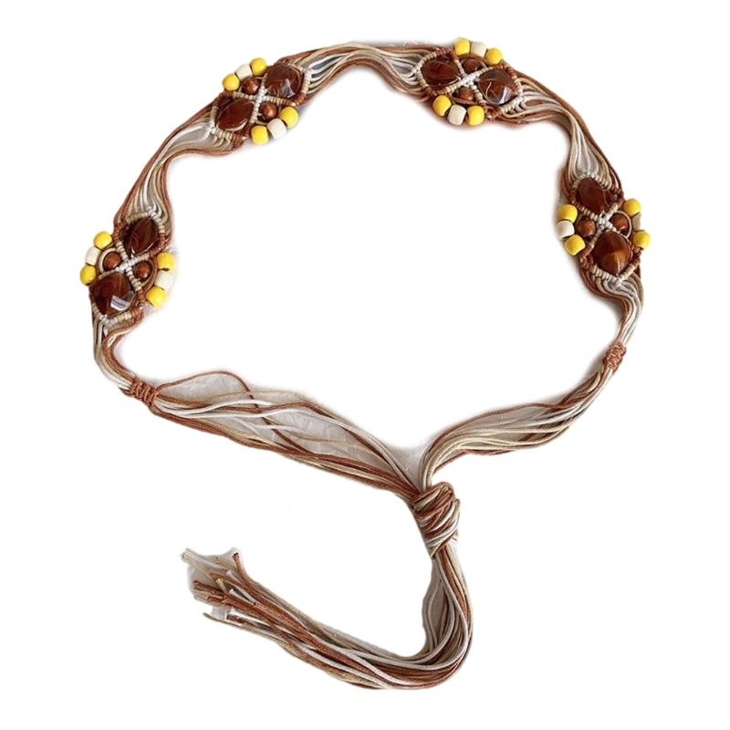 Ручной плетеный вощеный шнур Пояс с кисточками Этнический дизайн Регулируемый плетеный шнур Пояс для этнического платья Украшение на талию верблюд/белый