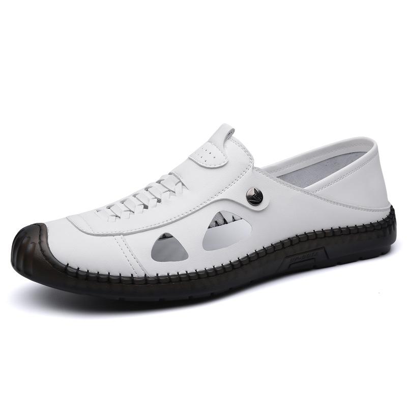 

Сандалии мужские 2025 новые мужские повседневные пляжные туфли полые кожаные туфли мужские модные дышащие сумки с отверстием для головы 44