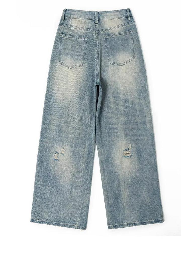 Light Blue High-Waist Distressed Wide-Leg Jeans for Women