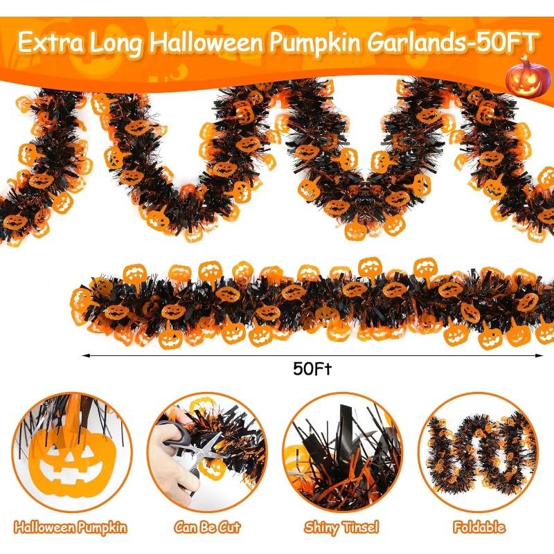 2m Halloween Tinsel Garland with Pumpkin Spider Bat Designs Shiny Metallic Twist for Home Tree Indoor Outdoor Party Decorations