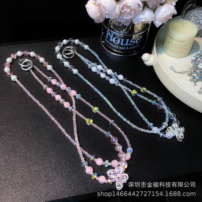 Long Phone Chain Crossbody Alloy Butterfly Zircon Pendant High-End Beaded Chain Crystal Bead Strap