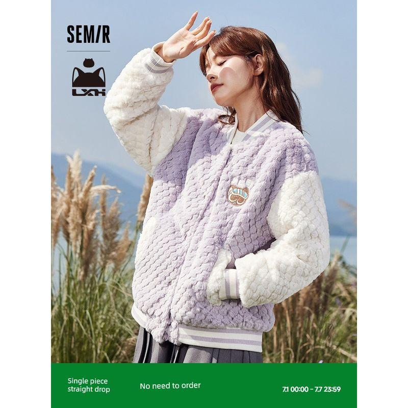 

Senma Luo Xiaohei Outwear Women s Quilted Jacket Loose Winter 2023 New Arrival Imitation Rabbit Fur Colorblock Baseball Uniform Casual Brown adjustment 00355 155/80A/S