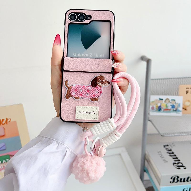 Cartoon PU Leather Phone Case for Samsung Galaxy Z Flip 6 5 4 3 Flip6 Flip5 Flip4 Flip3 5G Wrist Strap Hinge Protective Cover