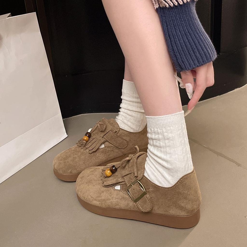 New Autumn Versatile Platform Beaded Tassel Boken Beanie Shoes Single Shoes All-inclusive Boken Shoes Women