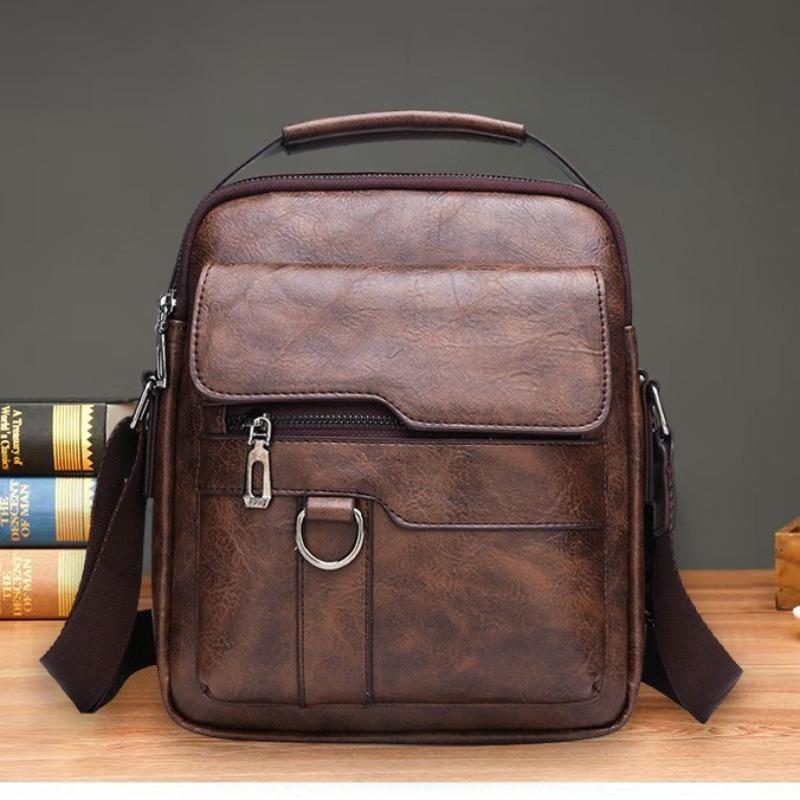 New men's shoulder bag business casual vertical messenger bag PU soft leather handbag small square bag travel backpack