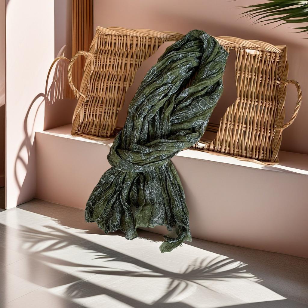 Retro Cotton and Linen Scarf Women's Autumn and Winter Printed Thin Pleated Scarf Silk Scarf Summer