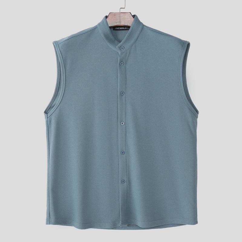 

INCERUN Мужские безрукавные майки оверсайз однотонной текстуры на пуговицах, повседневные свободные 2XL синий