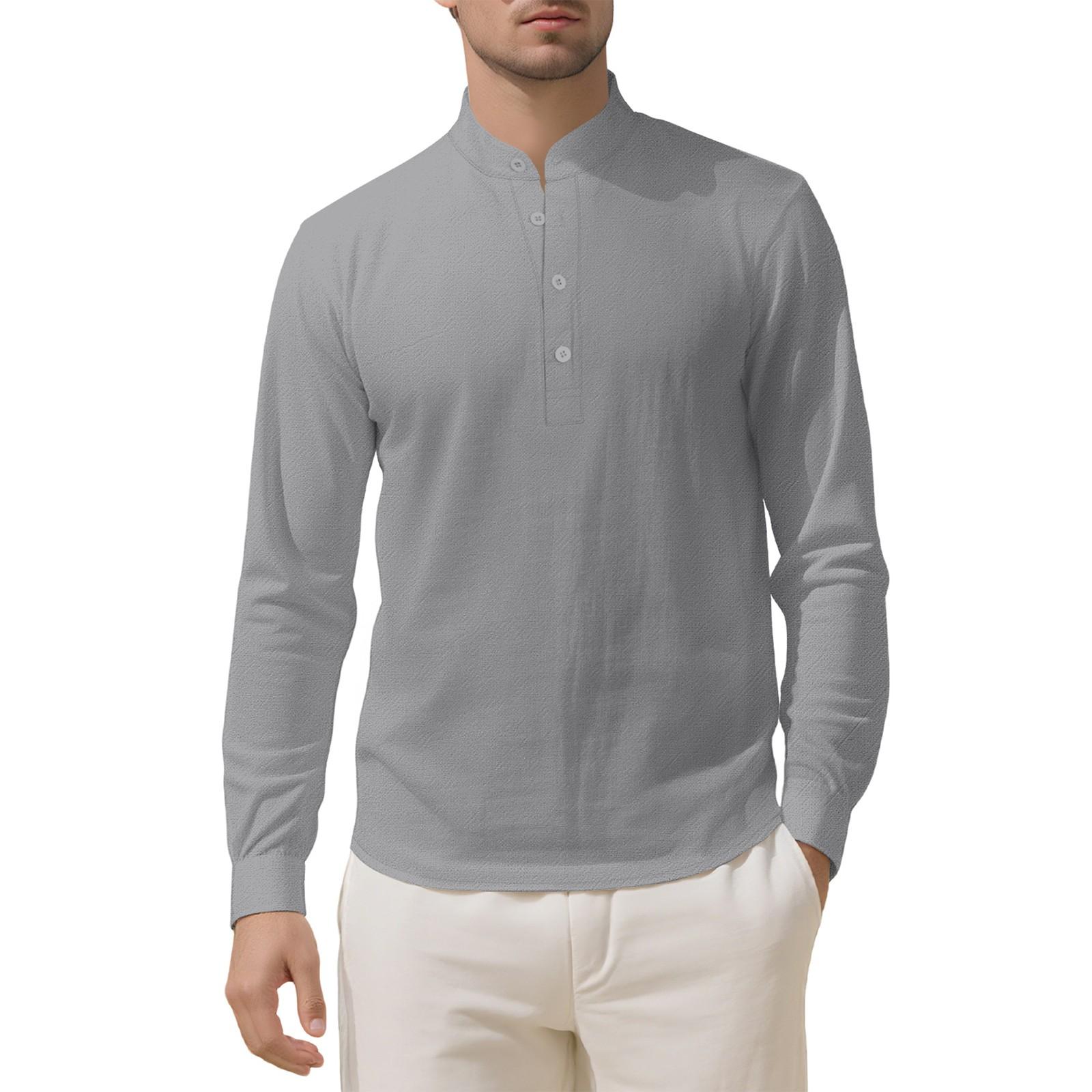 

Men s Loose Linen Solid Color Long Sleeved Stand Up Collar Top Men s Casual Shirt XL