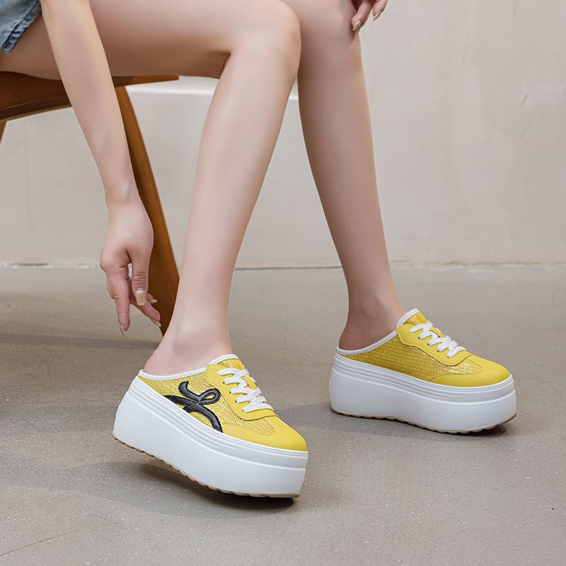 

Summer heelless half slippers women s 2025 new solid color bag head half tray outer wear mesh breathable women s shoes Korean version 39 жовтий