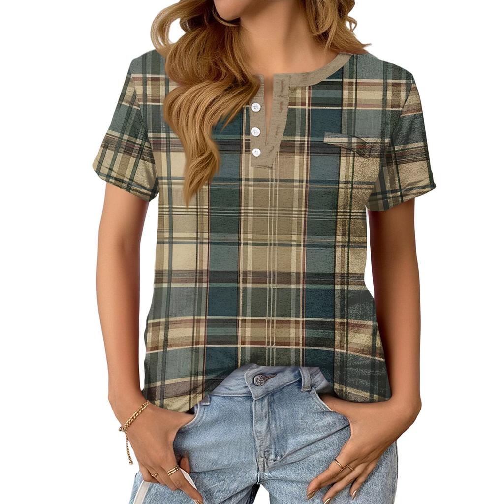 Modisches Lässiges Sommer-Karomuster V-Ausschnitt Knopf Kurzarm-Oberteil für Damen