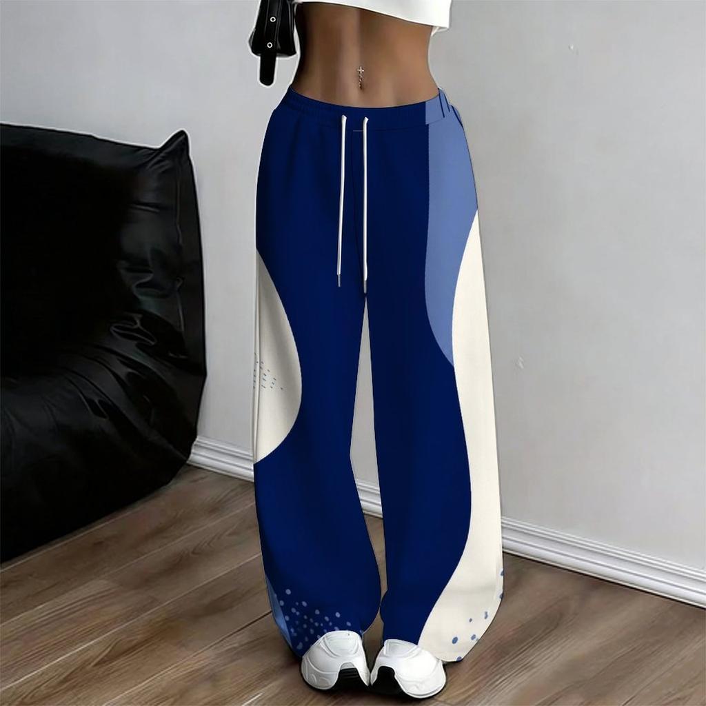 Women Plus Size Beige Abstract Printed Drawstring Loose Straight Leg Full Length Pants