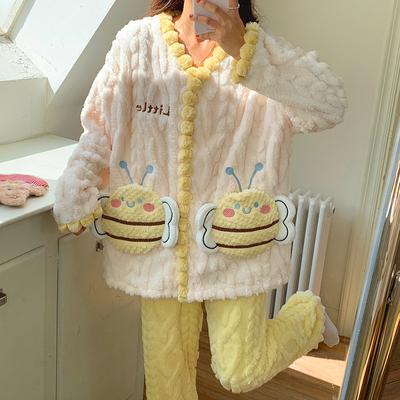 Sweet Cute Pajama Set Coral Fleece Warm Nightwear Winter Flannel Pijama Cardigan Sleepwear Loose Casual Home Clothes Loungewear