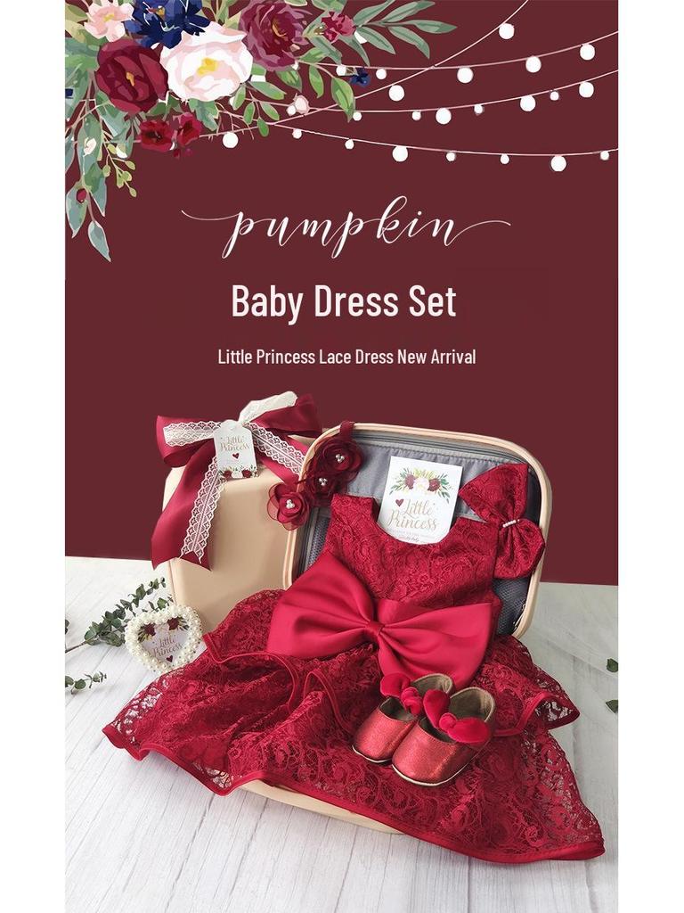 Baby Girl Red Lace Rose Dress - First Birthday Princess Outfit with Gift Box