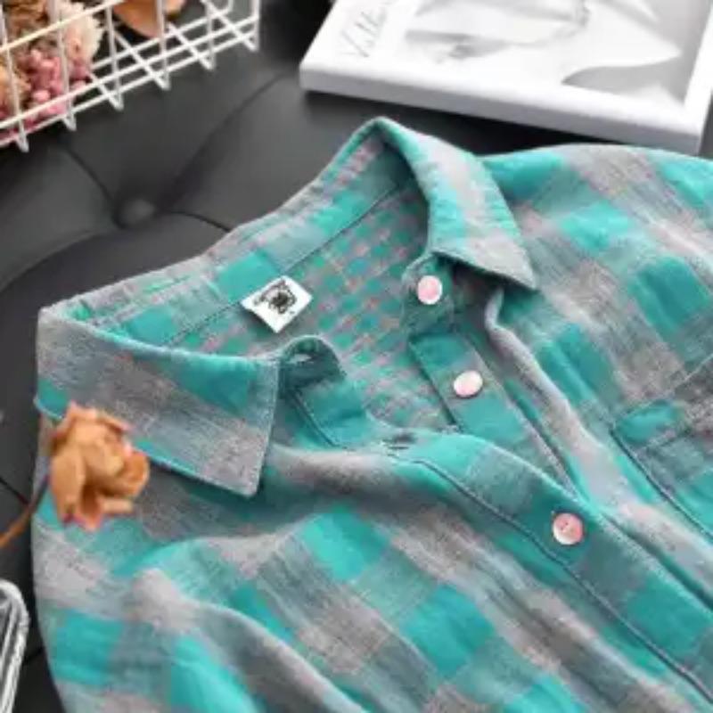 

Lapel Fashion All-match Long Sleeve Shirt Women s Plaid Contrast Loose Top L