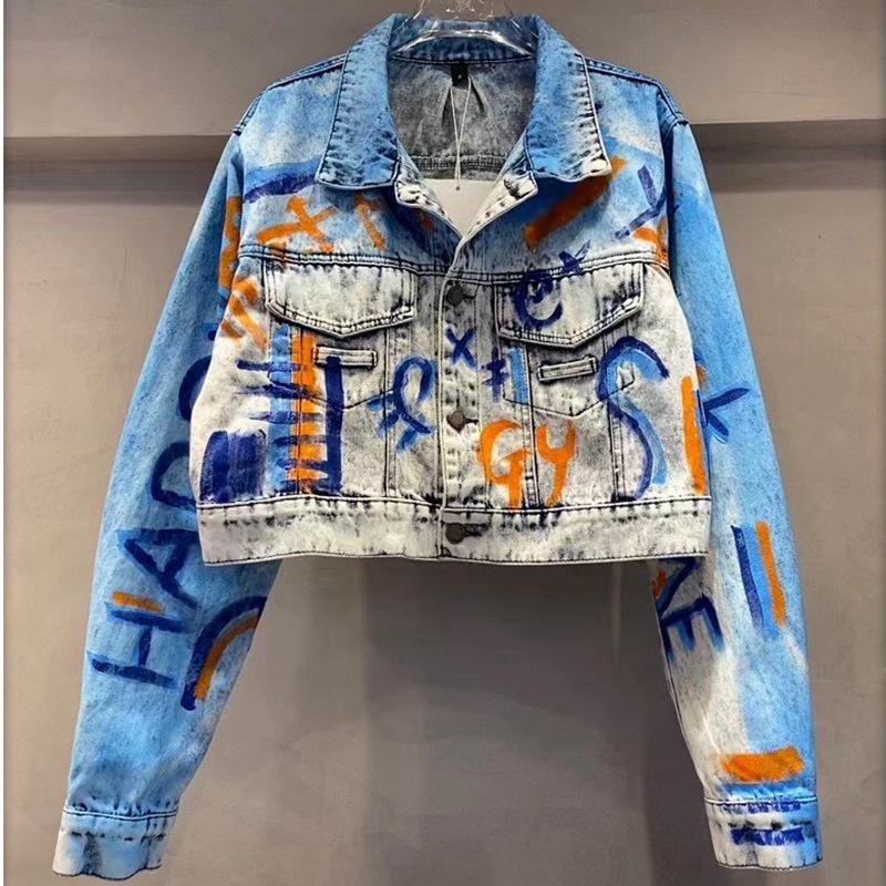 European trendy brand graffiti print denim jacket women's autumn new design heavy industry letter short top