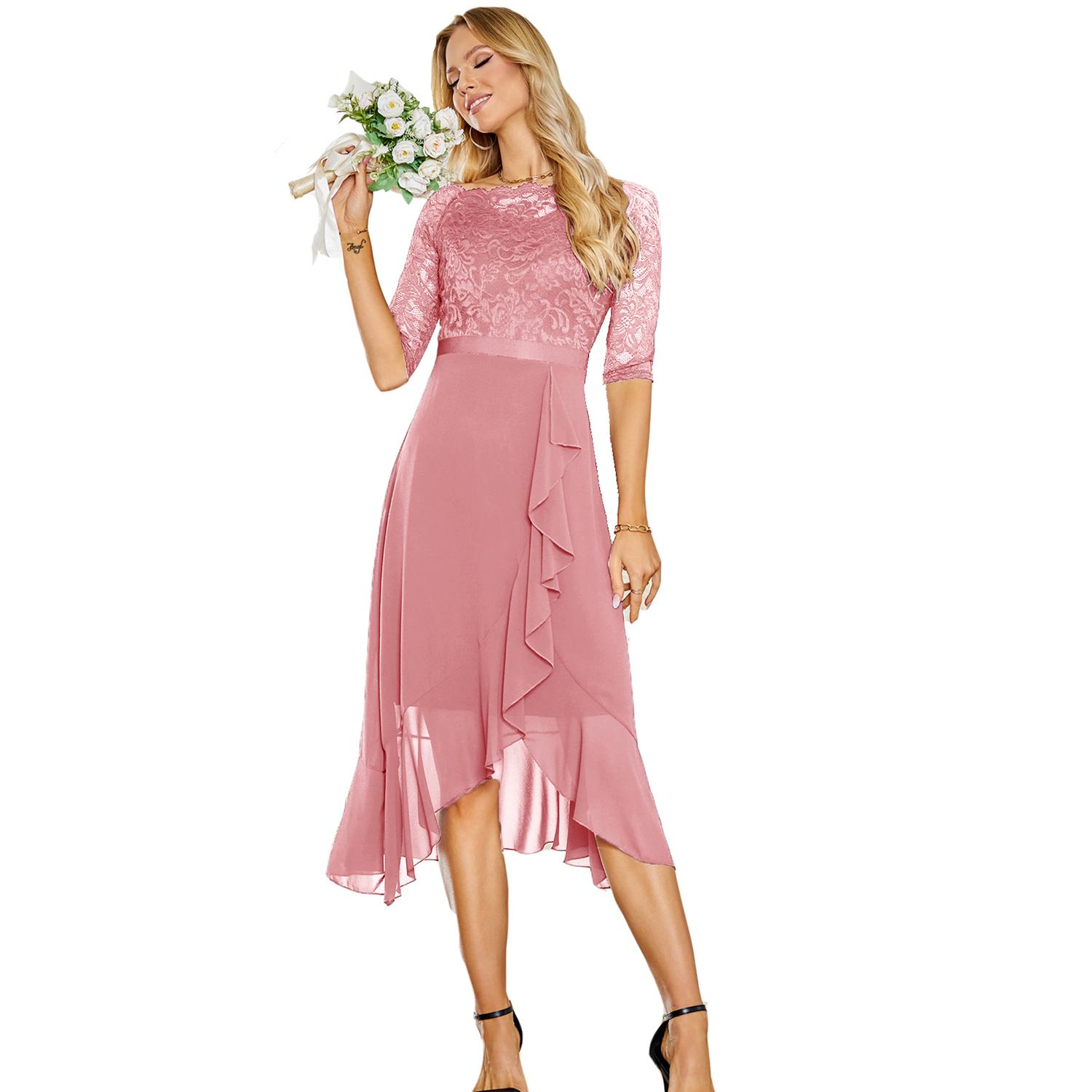 

Женские платья с открытыми плечами, цветочный кружевной топ, шифоновая юбка, рукава 3/4, пояс, выпускной вечер, подружка невесты, свадебный гость, коктейльное платье, свободное платье S