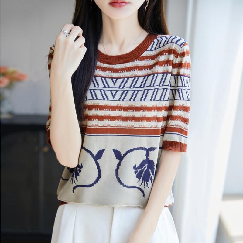 Women Knit T-shirt MODERN NEW SAGA Summer Knitted Shirt Short Sleeve Tees O-neck Patchwork Pullover Knit Tops