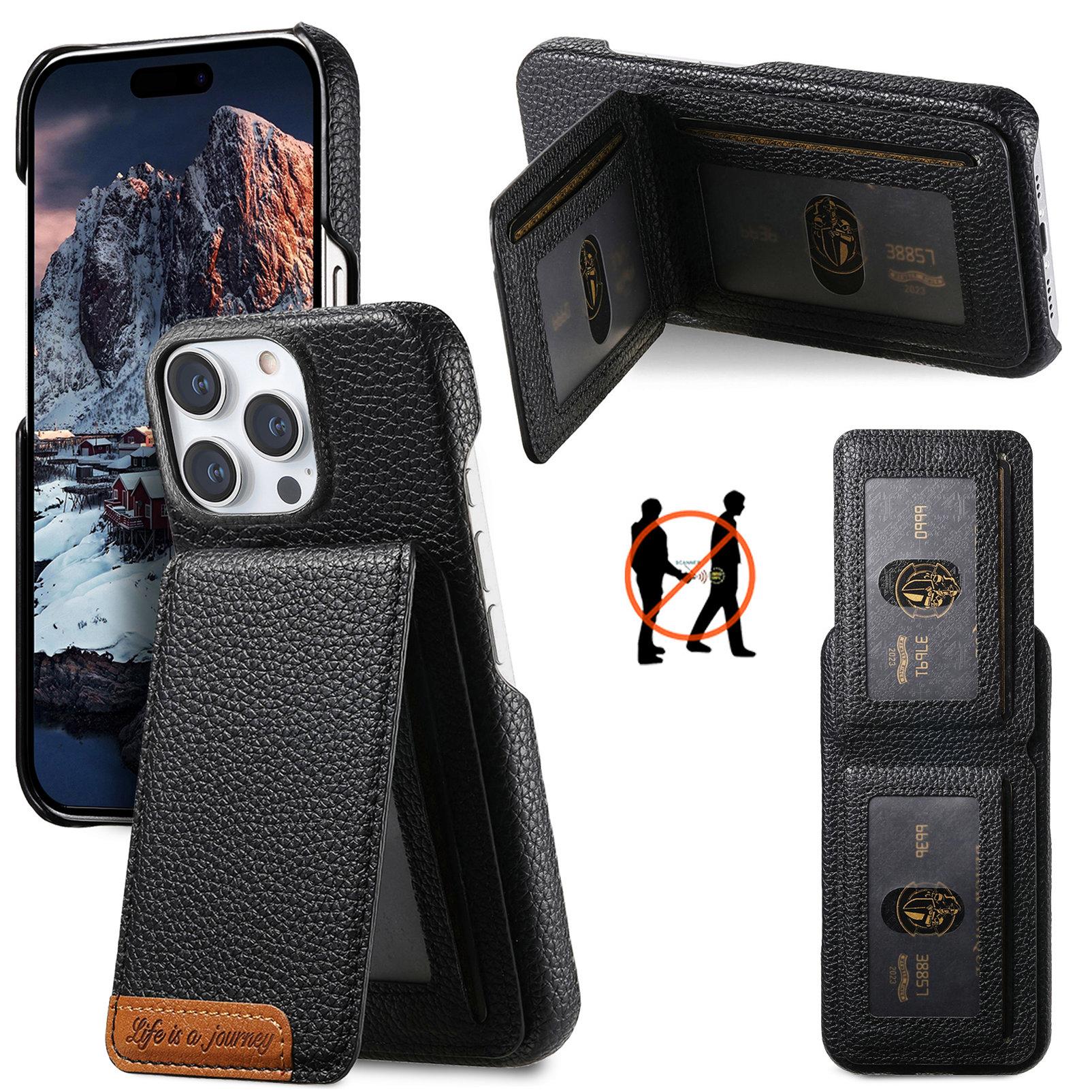

For iPhone 16 Pro Max Case RFID Blocking Card Holder Litchi Texture Leather Back Cover A
