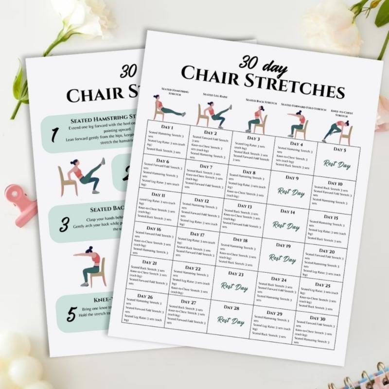 6Pcs Yoga Chair Workout Charts 30 Day Chair Exercises Plan Poster For Travel Morning Working Family Friend Sports