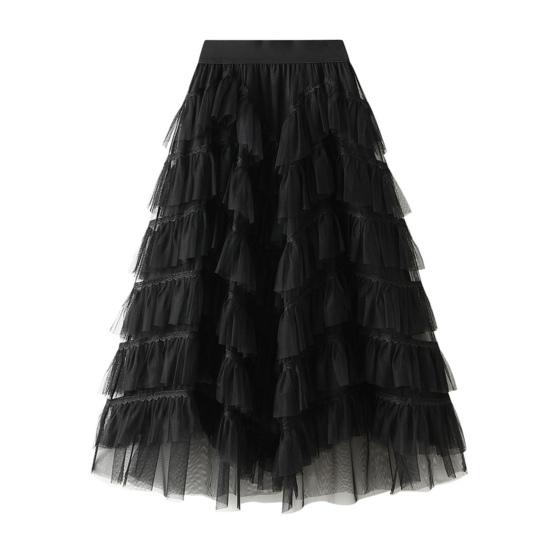 Women Skirt High Waist A-line Big Swing Ruffle Contrast Color Scattered Hem Pleated Patchwork Princess Style Elastic Waist Ankle Length Maxi Skirt