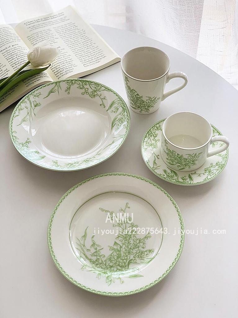 Anmu Hochwertiges pastorales grünes Maiglöckchen Keramikbecher & Speiseteller Set