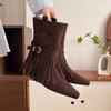 Fashion Vintage Tassels Decor Riding Boots Women 2025 Slip On Buckle Low Heels Mid Calf Boots Woman Pointed Toe Western Stray Botas