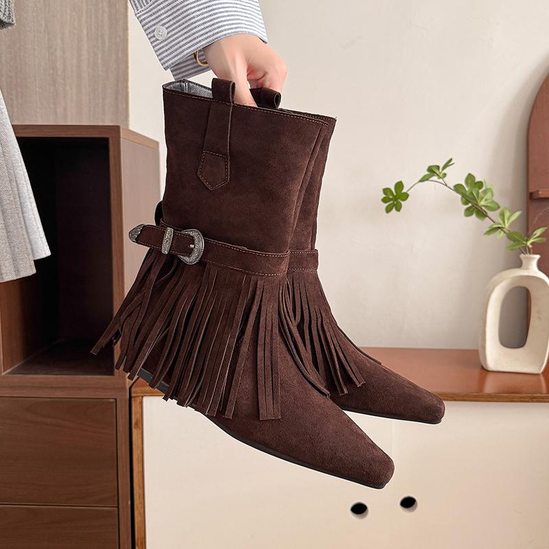 Fashion Vintage Tassels Decor Riding Boots Women 2025 Slip On Buckle Low Heels Mid Calf Boots Woman Pointed Toe Western Stray Botas