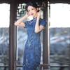 Blue national style new Chinese long improved cheongsam 1011 new women's retro slim short-sleeved catwalk spring and summer