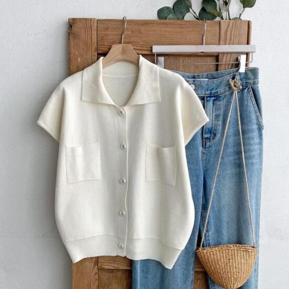 New Arrivals Open Run Women Short Sleeve Silver Button Pocket Knit Cardigan
