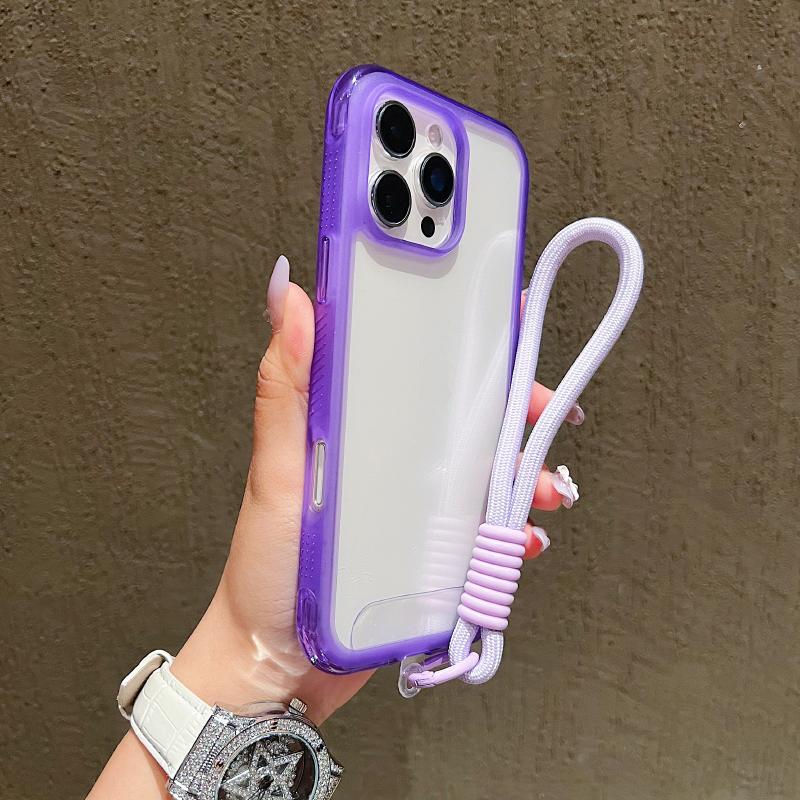 

New Solid Color Border Four Corner Anti Fall Lanyard HD Transparent Phone Case For iPhone 17 Pro Max Air 15 12 13 14 16 Pro Max iPhone Air фиолетовый