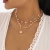 Versatile Geometric Round Bead Chain Stacked Necklace, Niche Imitation Pearl Hollow Love Necklace