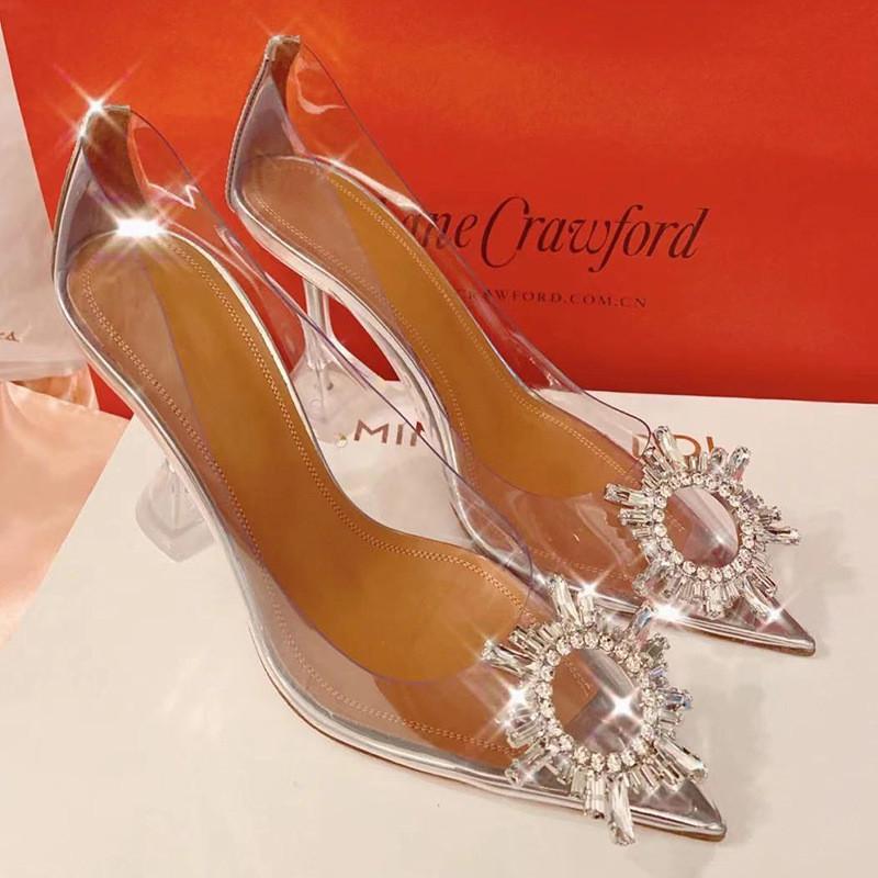 Fashion Star Stil Kristall Sonnenblume Transparentes PVC Damen Pumps Luxus Strasssteine Hohe Absätze Hochzeit Abschlussball Sommer Büro Dame Schuhe