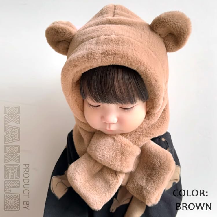 KAKELO KAKELO Winter Fur Knit Hat with Fluffy Bear Animal Design for Babies and Kids Hat, Scarf, Ears, (Pink)