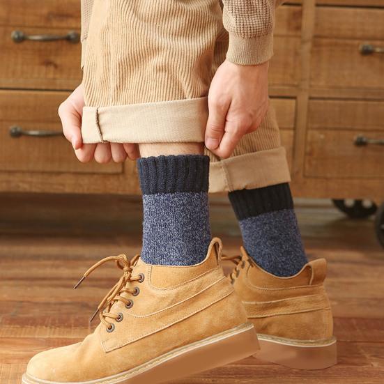 Men Thickened Wool Socks Color-Block Winter Ribbed Terry Socks Breathable Warm Casual Crew Socks for Daily Errands Workout Outdoor Sports