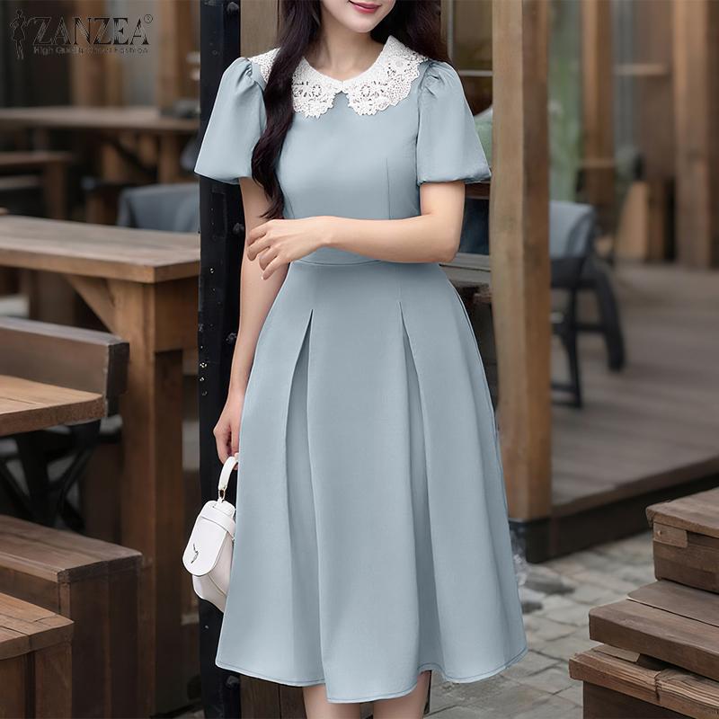ZANZEA Women Lace Splice Round Neck Casual Short Sleeve Dress