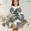 Girls High Neck Long Sleeve Geometric Printed Bow Waist Furry Trim A Line Flared Dress