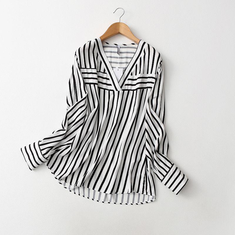 Export Export Tail Single Loose Slimming V-neck Vertical Striped Cotton Silk Shirt Women's Pullover Artificial Cotton Tops Spring