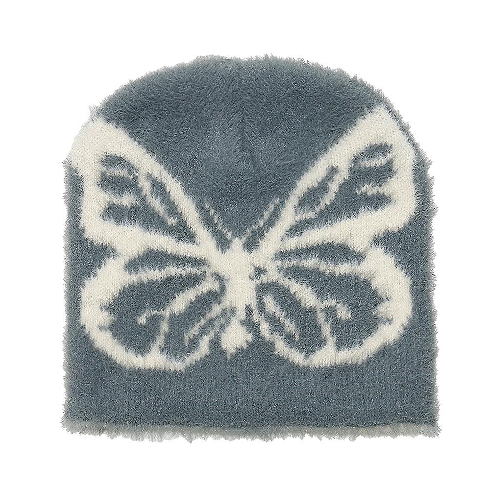 Herbst und Winter Damen Strickwollmütze kältebeständig und warm Skimütze Schmetterlingsjacquard Imitation Nerzfell Pullovermütze Damen