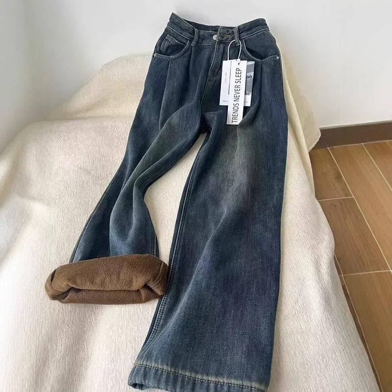 Blue Fleece-Lined High-Waisted Wide-Leg Jeans with Retro Washed Distressed Design.