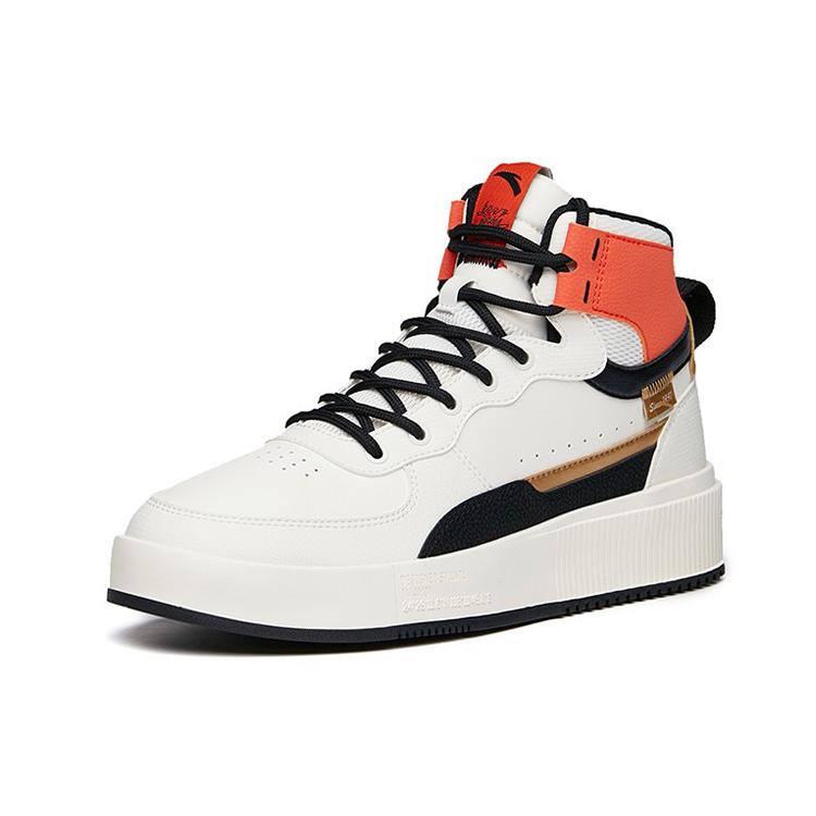 New Anta Life Collection Cushioning Wear Resistant High Top Skateboard Shoes Men's White Black Orange 912138011-4