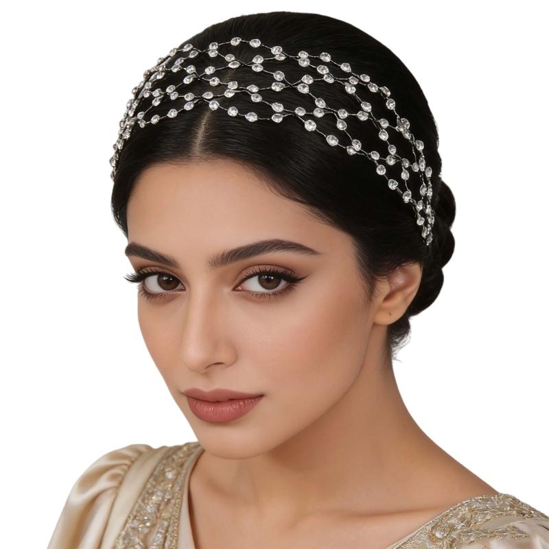 

Middle Eastern Wide Net Hairband with Sparkling Rhinestones for Bridal Wedding and Parties Photography Headpiece 1