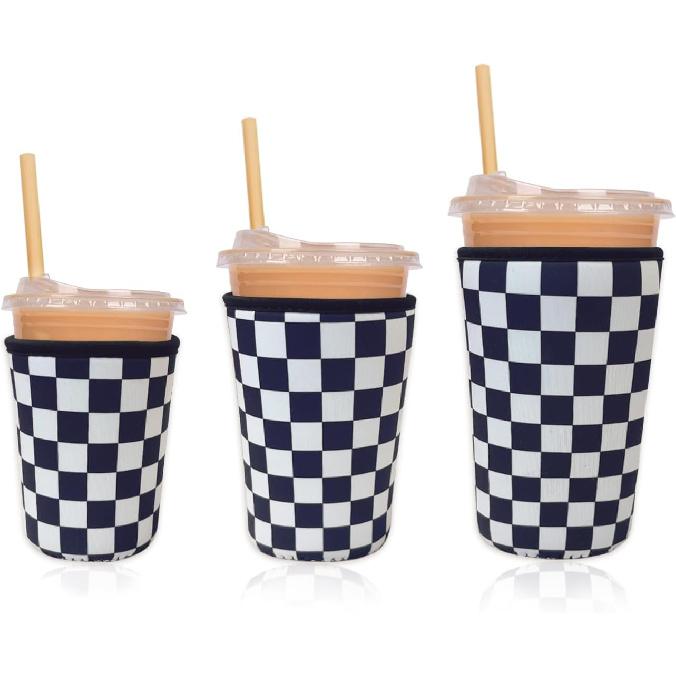 Reble Ulated Neoprene Iced Coffee Cup Sleeve, Durable Drink Sleeve for Cold Beverages, Beverage Holder for Iced Coffee, Floral Checkers