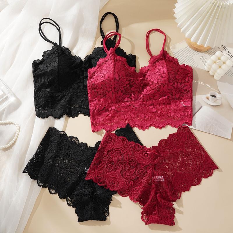Womens Sexy Lace Bra Suit Solid Set Beautiful Back Lace Wireless Bra Panty Set