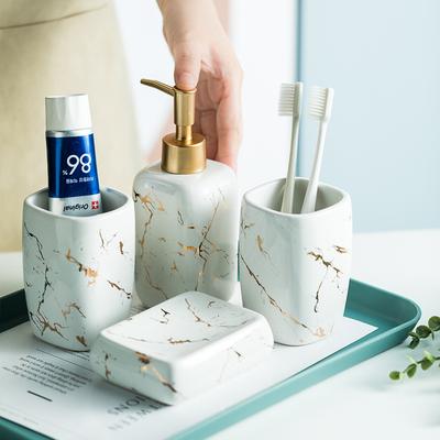 Juego de Cuatro Piezas para Baño Patrón de Mármol Botella de Loción Vaso para Cepillo de Dientes Jabonera Botella de Almacenamiento Cerámica Set de Artículos de Tocador para Baño Nuevo