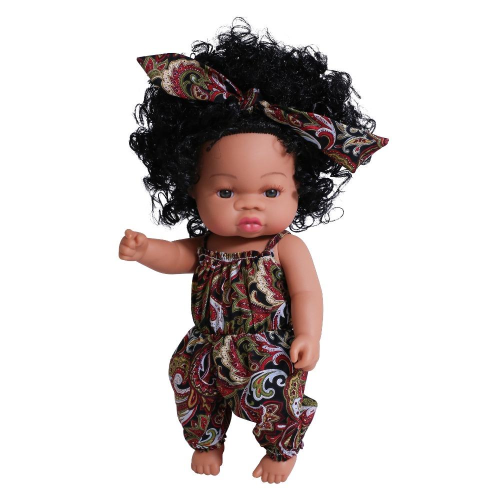 33cm Full Silicone Body Reborn Baby Doll Toys Dark Black Brown Skin Optional Rebirth Doll Lifelike Curly Hair Newborn Doll for Kids Birthday Xmas Gift