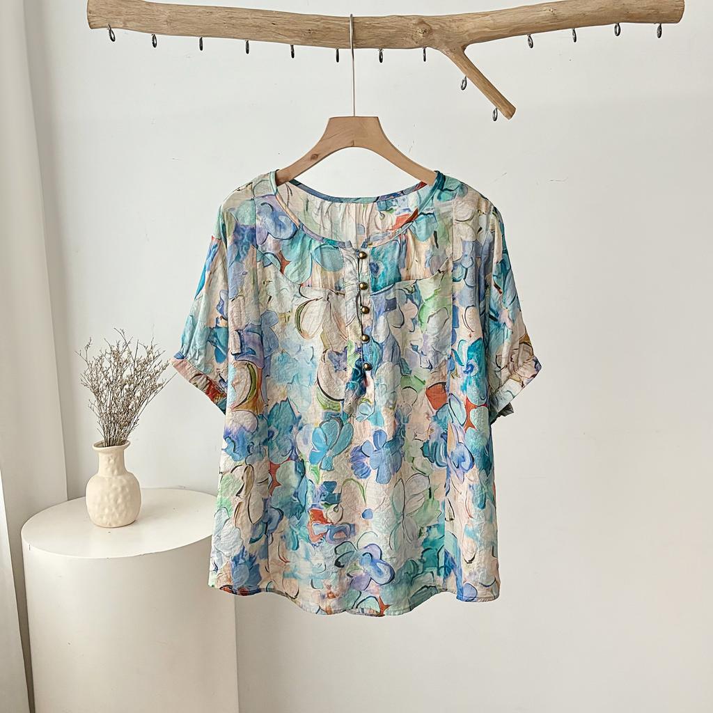DIMANAF 2025 New Summer Women Linen T-Shirt Buttons Flower Short Sleeve Basic Fashion O-Neck Tops Tees Loose Tees