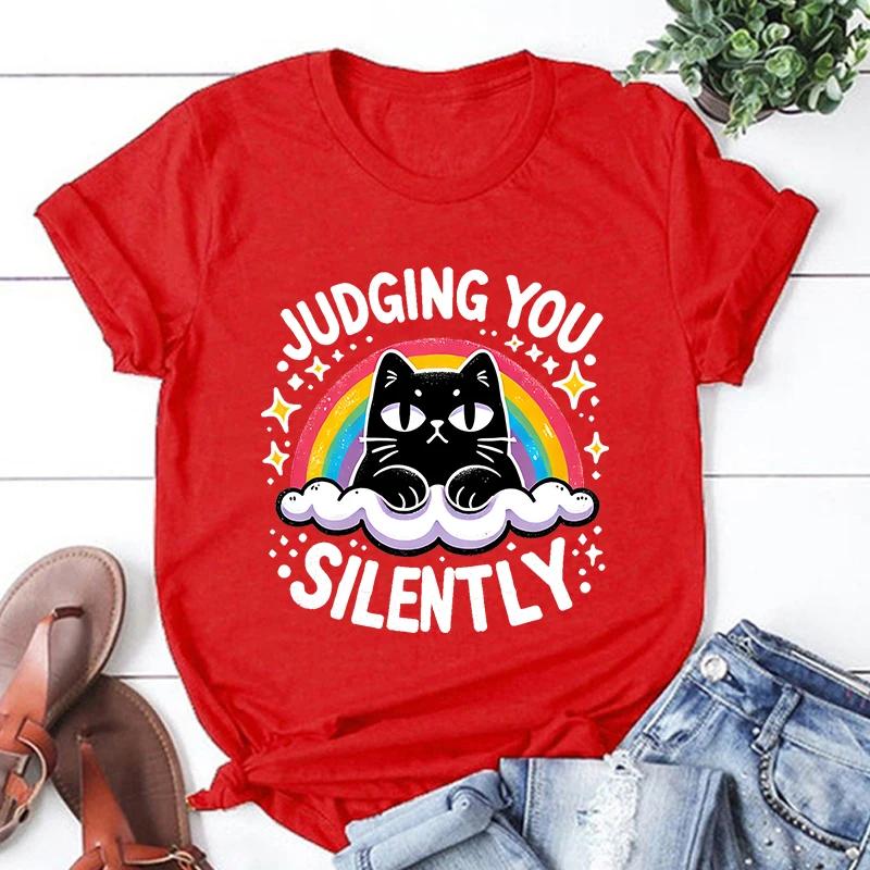 Cute Cat New Cat Judging You Womens Casual Tshirt Round Neck Short Sleeve Fashion Womens Tshirt S