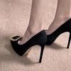Temperament square buckle black suede small waterproof table pointed head thin heel high heels women's single shoes 2025 autumn new