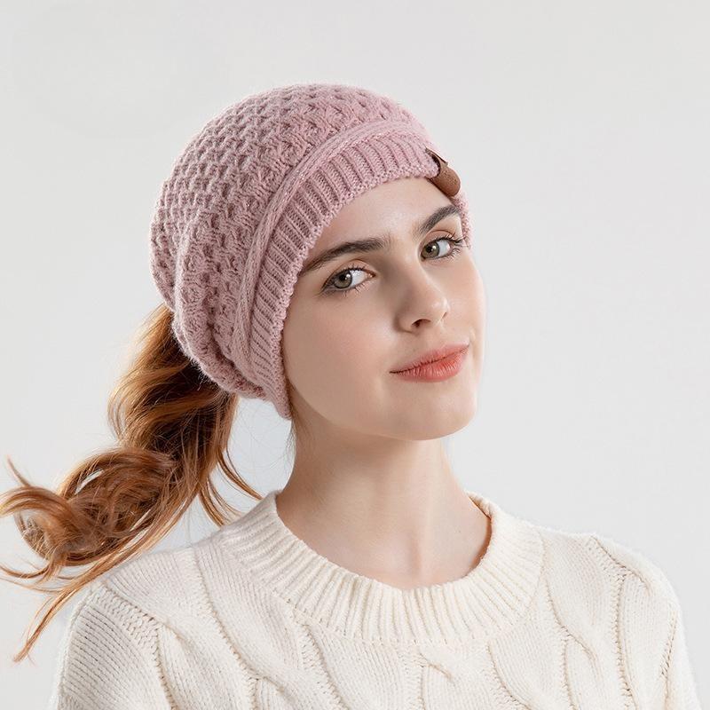 Autumn and Winter Warm Ear Protection Pullover Hat Women's Hat Ponytail Hole Knitted Hat European and American Wool Hat Tide